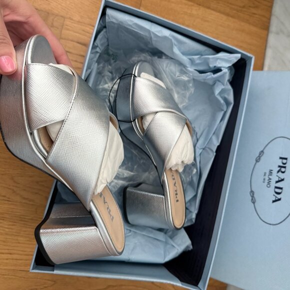 NWT Prada Platform Sandals Metallic Silver Saffiano Leather Crisscross Strap - Picture 9 of 11